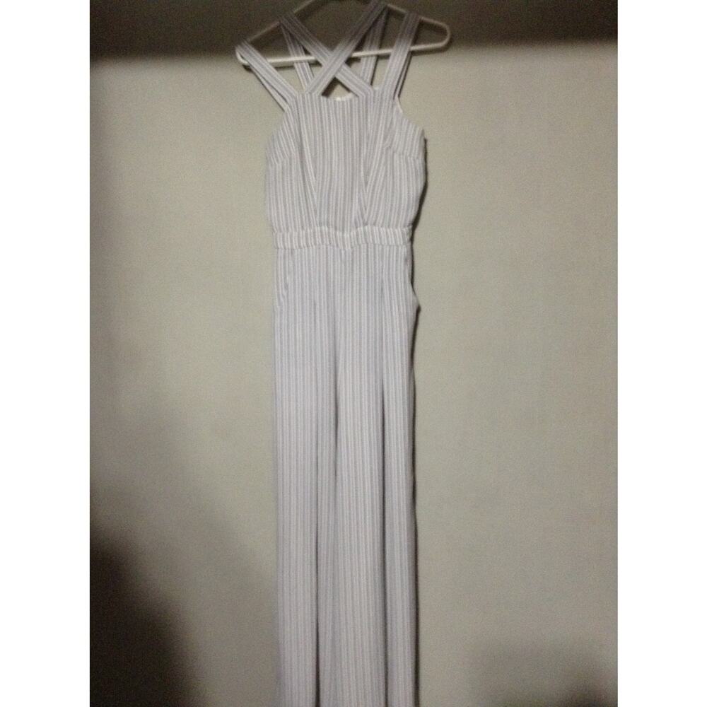 4SI3NNA Striped Wide Leg Jumpsuit S Halter Criss Cross Back Pockets White Black - Picture 2 of 16